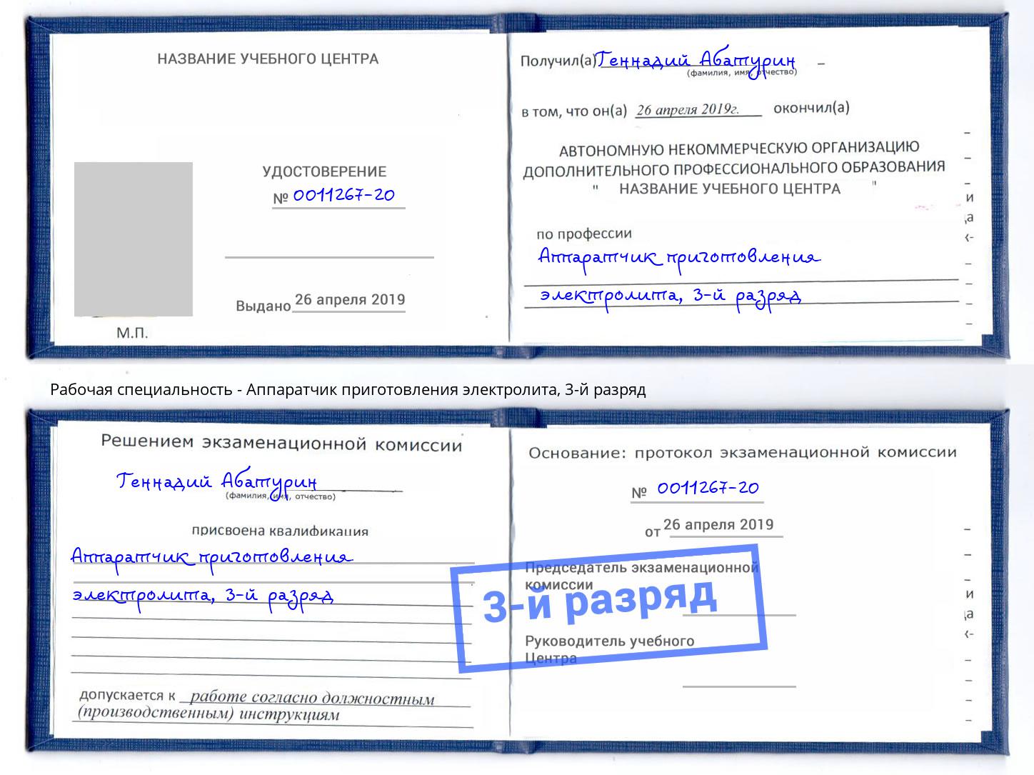 корочка 3-й разряд Аппаратчик приготовления электролита Миасс