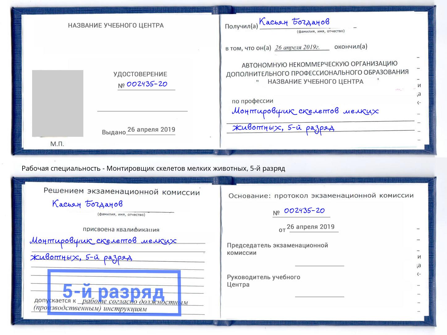 корочка 5-й разряд Монтировщик скелетов мелких животных Миасс