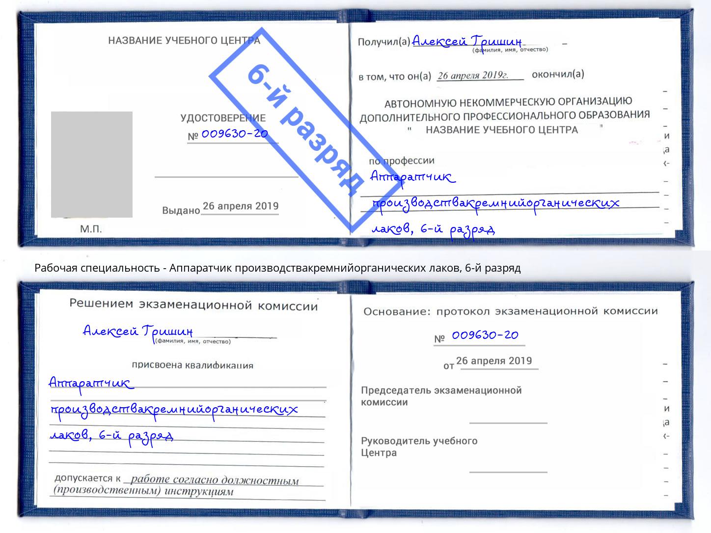 корочка 6-й разряд Аппаратчик производствакремнийорганических лаков Миасс