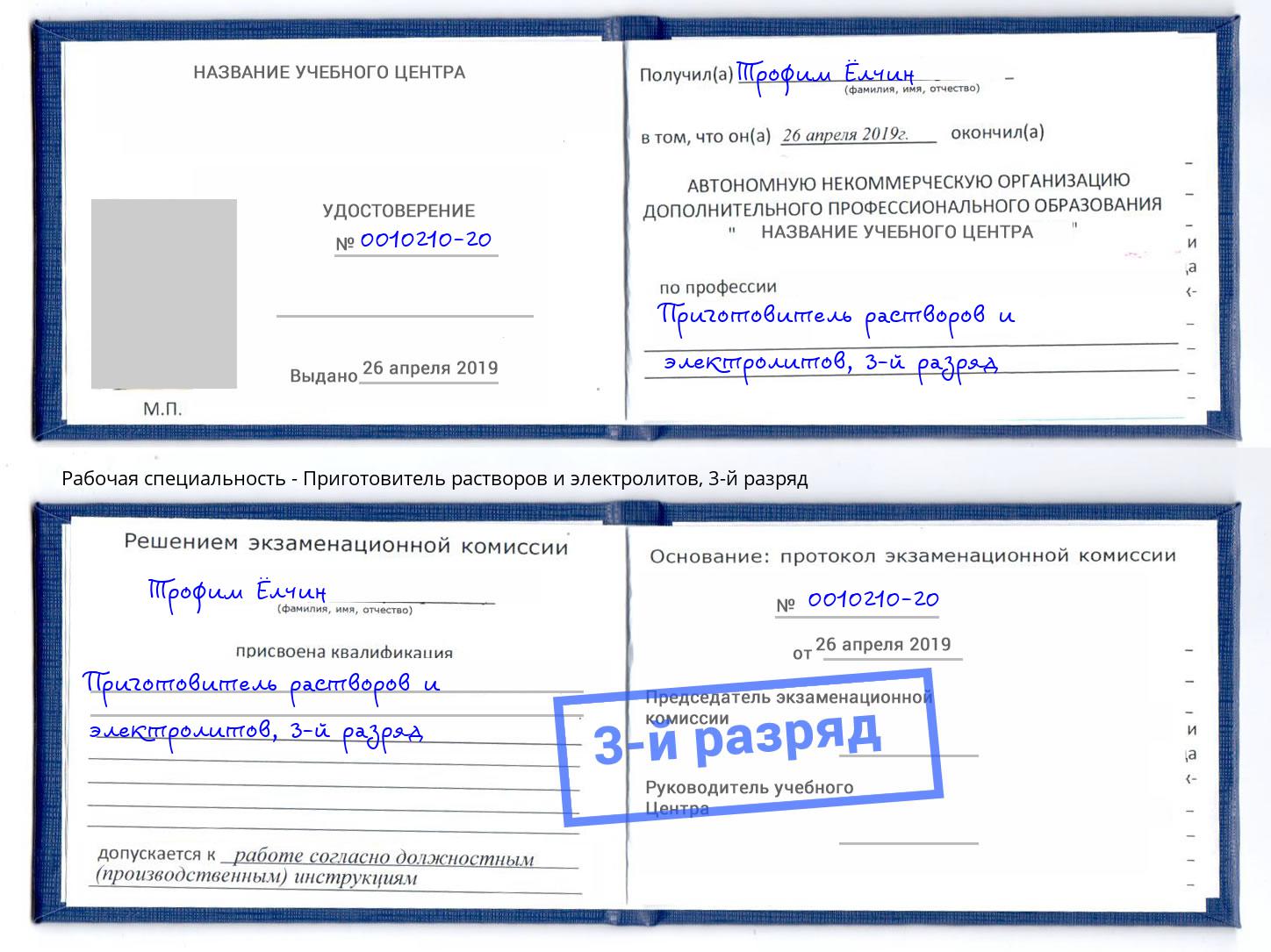 корочка 3-й разряд Приготовитель растворов и электролитов Миасс
