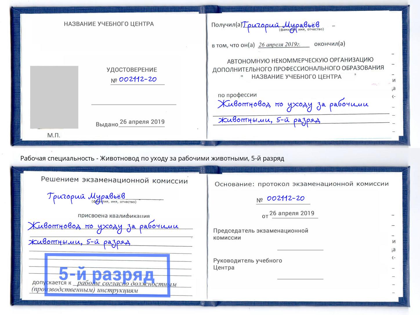 корочка 5-й разряд Животновод по уходу за рабочими животными Миасс