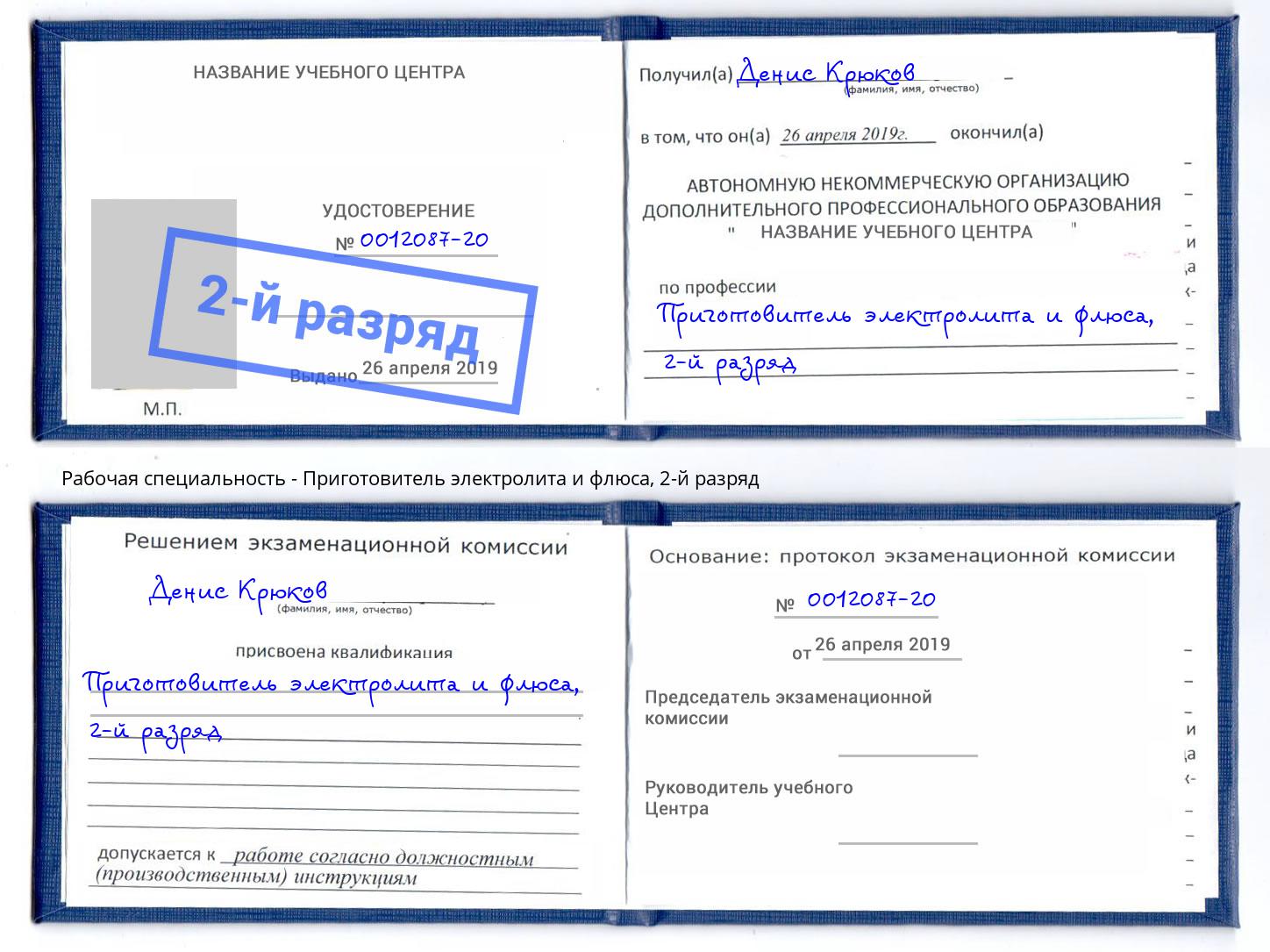 корочка 2-й разряд Приготовитель электролита и флюса Миасс